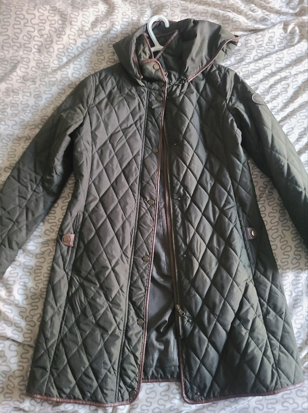 Ralph Lauren Women’s Quilted Equestrian Jacket Olive Green Brown Trim